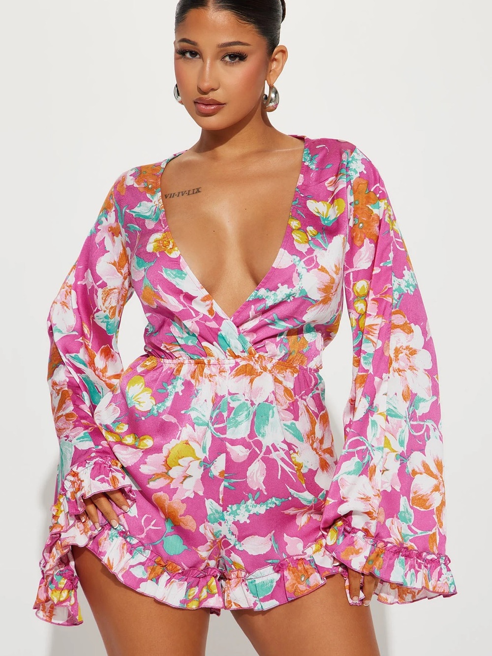 Fashion Nova Pink Floral Deep V Romper
